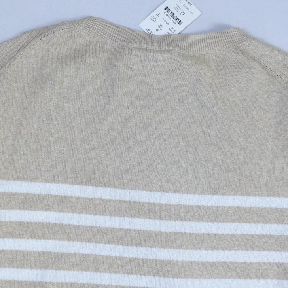J.Crew Teddie Sweater Womens Large Tan White Striped Cotton Crewneck Coastal NWT